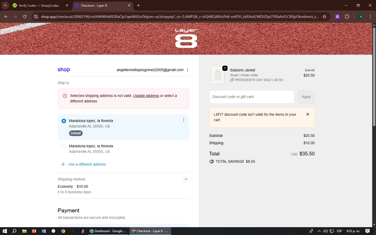 Layer8 checkout page showing Layer8 promo code box | Screenshot taken by SimplyCodes community member on Feb 15, 2026