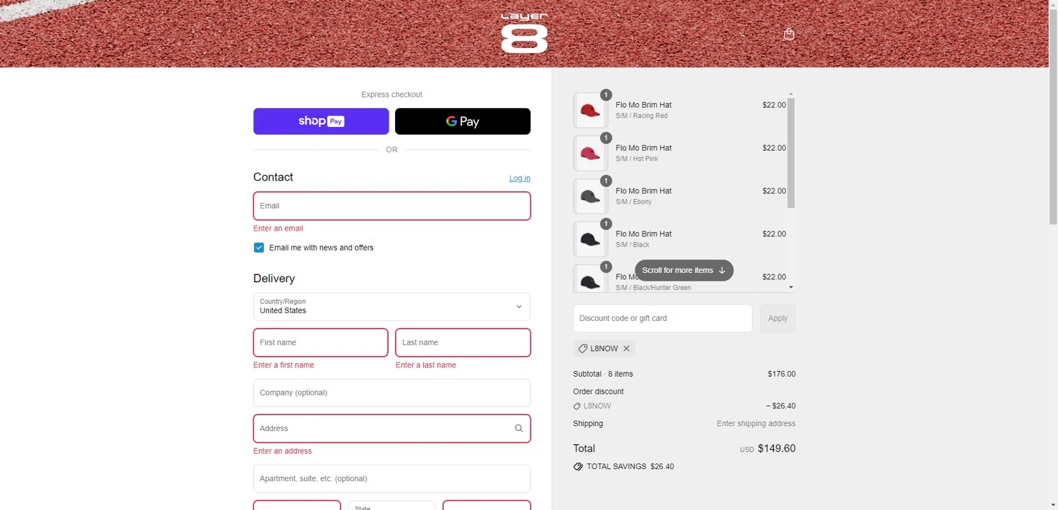 Layer8 promo code screenshot showing code L8NOW applied at Layer8 checkout page. Uploaded by SimplyCodes community member PennyRanger8219 on Jul 21, 2025