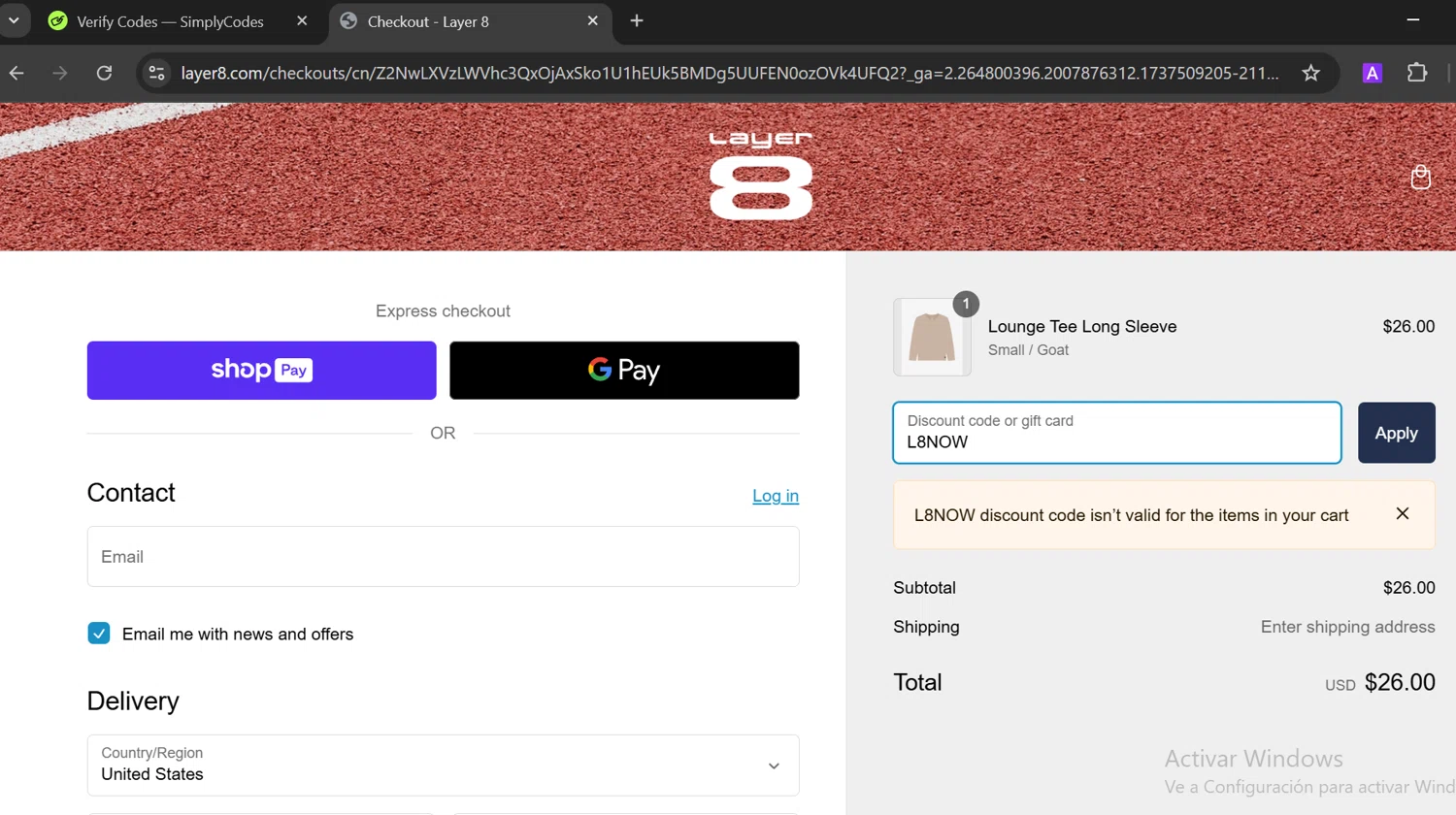 Layer8 promo code screenshot showing code L8NOW applied at Layer8 checkout page. Uploaded by SimplyCodes community member GloriousTitan3094 on Jan 22, 2025