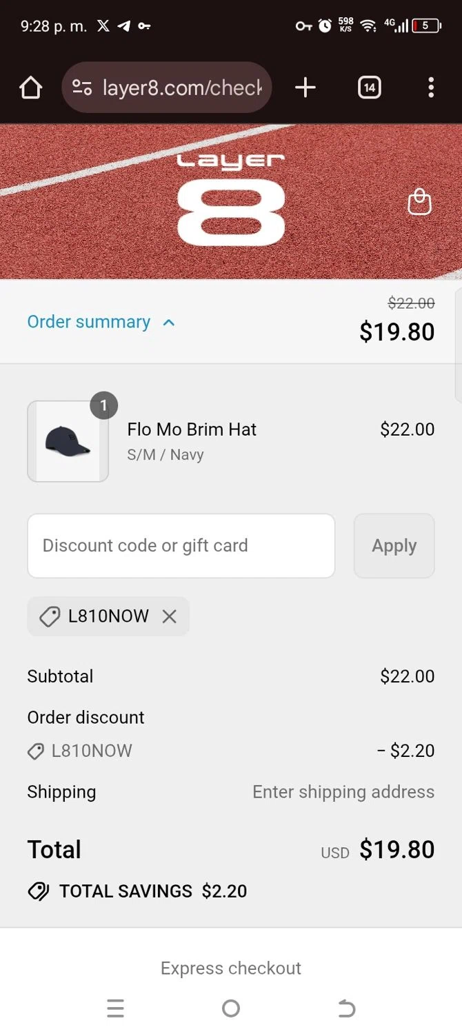 Layer8 promo code screenshot showing code L810NOW applied at Layer8 checkout page. Uploaded by SimplyCodes community member kellymoreno on Sep 10, 2025