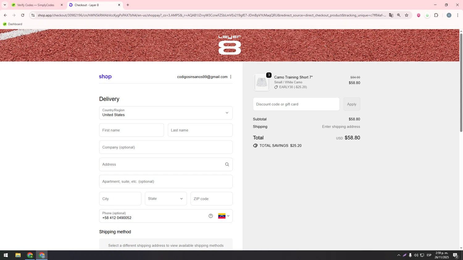 Layer8 promo code screenshot showing code EARLY30 applied at Layer8 checkout page. Uploaded by SimplyCodes community member ValueHawk3038 on Nov 26, 2025