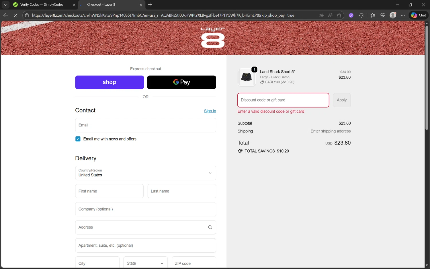 Layer8 promo code screenshot showing code EARLY30 applied at Layer8 checkout page. Uploaded by SimplyCodes community member juanx1702 on Nov 26, 2025