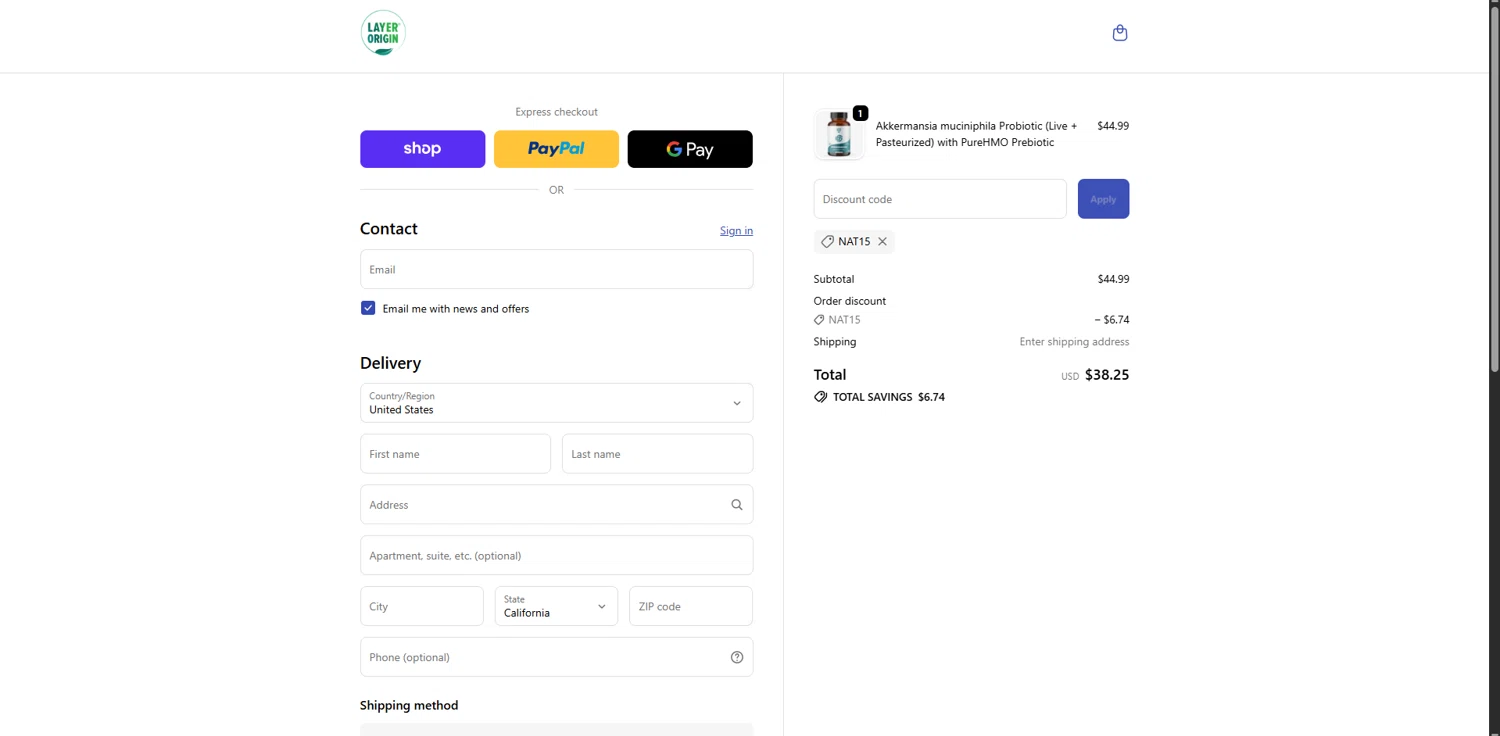 Layer Origin Nutrition promo code screenshot showing code NAT15 applied at Layer Origin Nutrition checkout page. Uploaded by SimplyCodes community member RewardMaven959 on Nov 23, 2025
