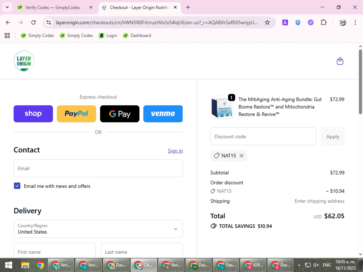 Layer Origin Nutrition promo code screenshot showing code NAT15 applied at Layer Origin Nutrition checkout page. Uploaded by SimplyCodes community member SilverExpert5694 on Nov 18, 2025