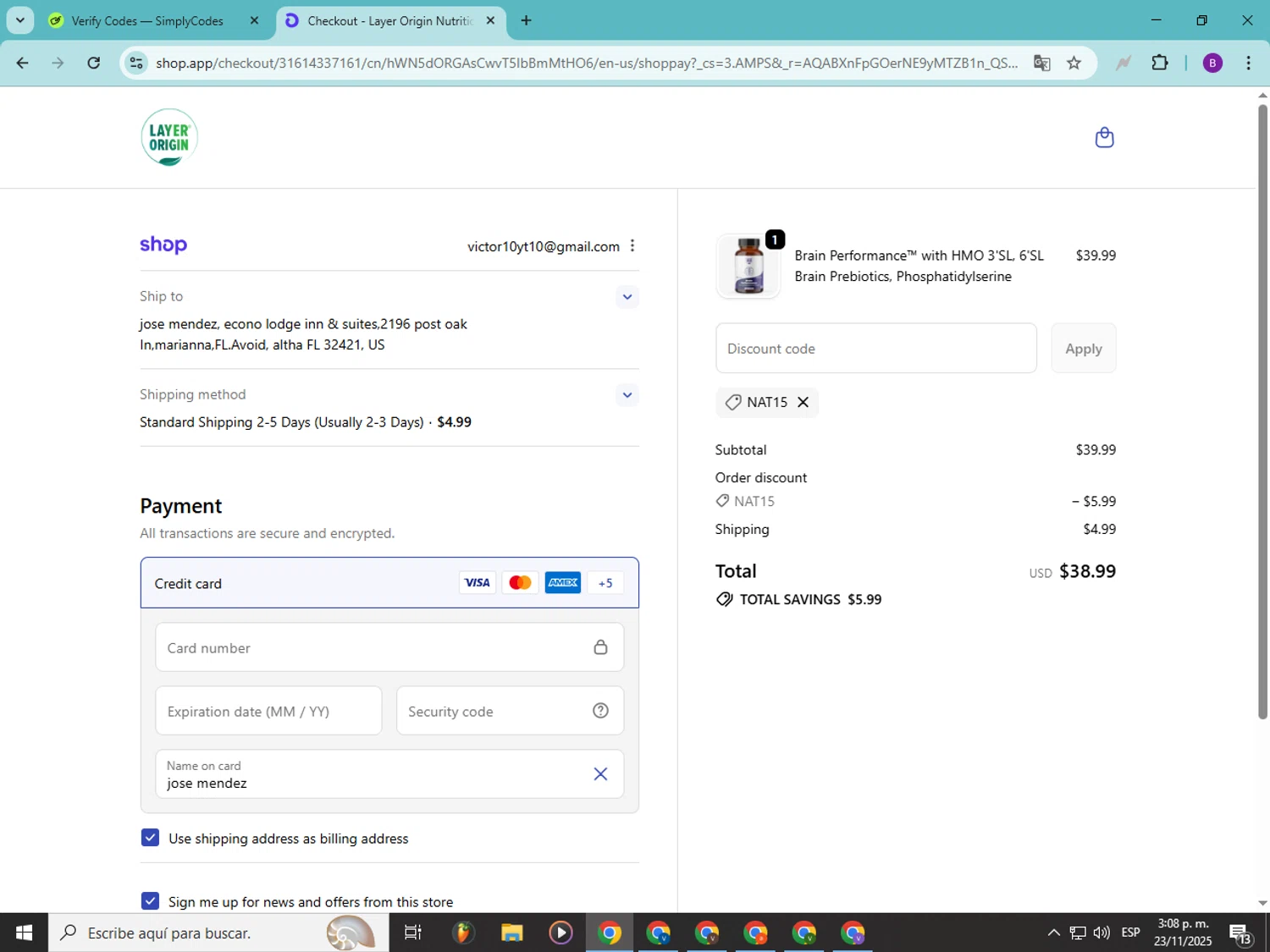 Layer Origin Nutrition promo code screenshot showing code NAT15 applied at Layer Origin Nutrition checkout page. Uploaded by SimplyCodes community member Soyvictor on Nov 23, 2025