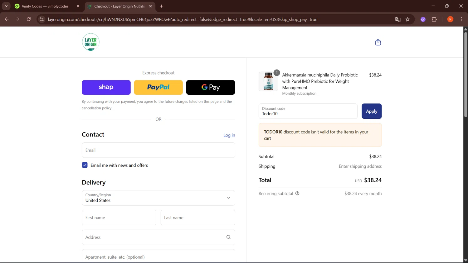 Layer Origin Nutrition promo code screenshot showing code Todor10 applied at Layer Origin Nutrition checkout page. Uploaded by SimplyCodes community member LegendaryPro3698 on Aug 30, 2025
