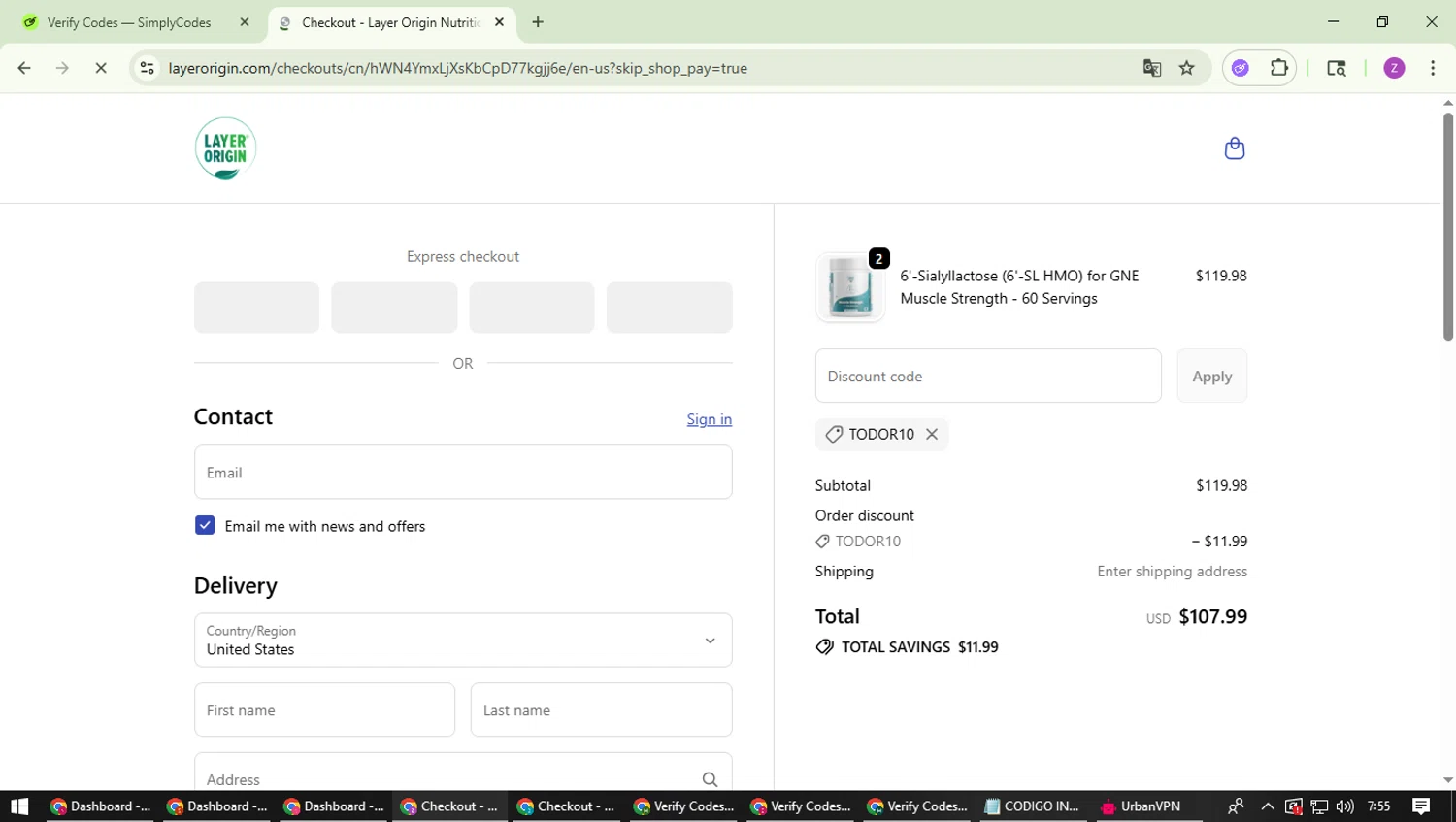 Layer Origin Nutrition promo code screenshot showing code Todor10 applied at Layer Origin Nutrition checkout page. Uploaded by SimplyCodes community member ValiantFinder3275 on Oct 26, 2025