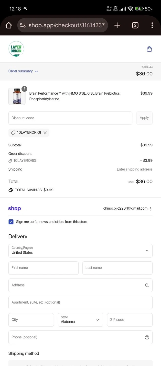 Layer Origin Nutrition promo code screenshot showing code 10LAYERORIGI applied at Layer Origin Nutrition checkout page. Uploaded by SimplyCodes community member Bjhfuhdf on Sep 3, 2025