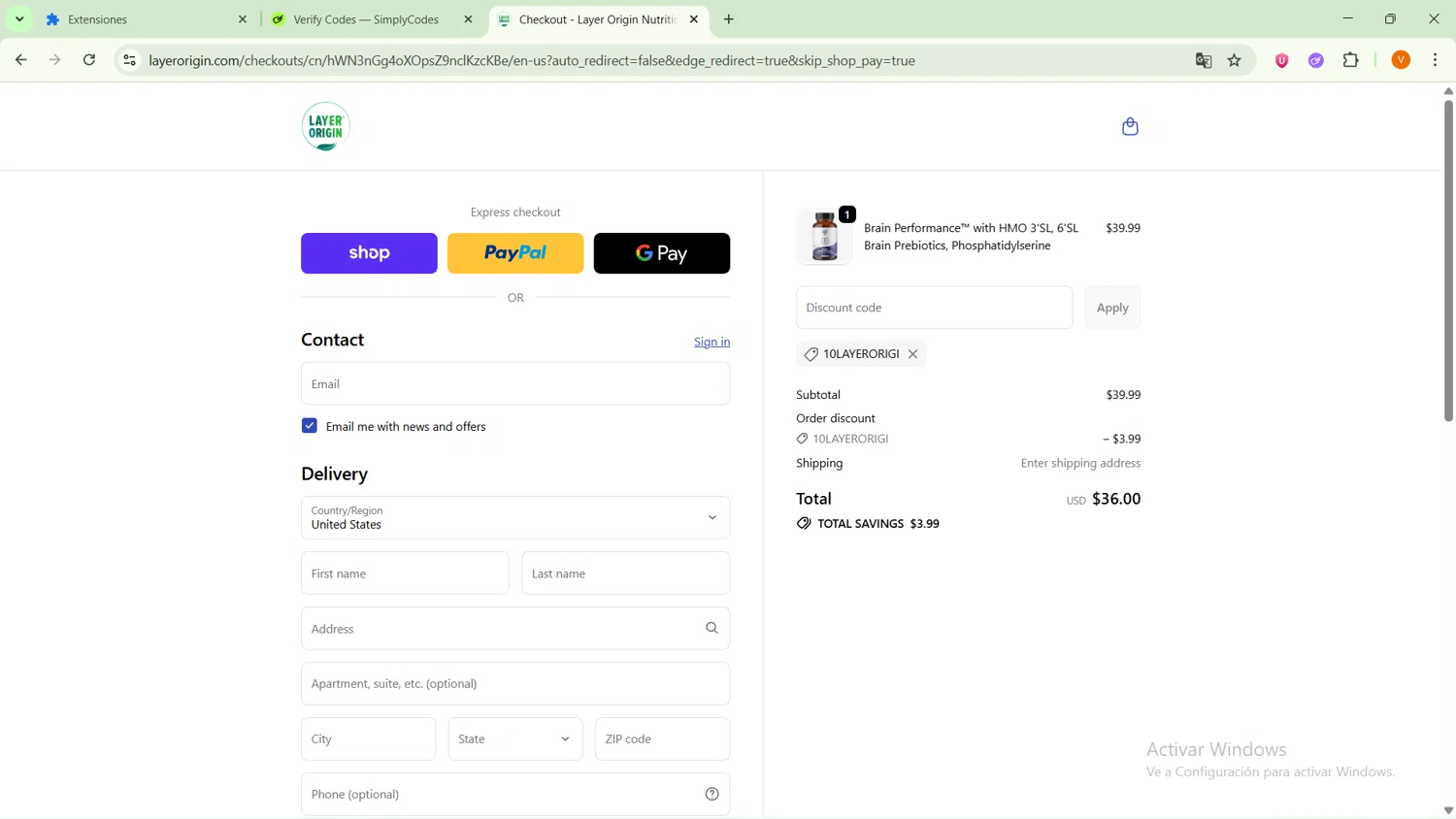 Layer Origin Nutrition promo code screenshot showing code 10LAYERORIGI applied at Layer Origin Nutrition checkout page. Uploaded by SimplyCodes community member GoldFox1696 on Oct 6, 2025