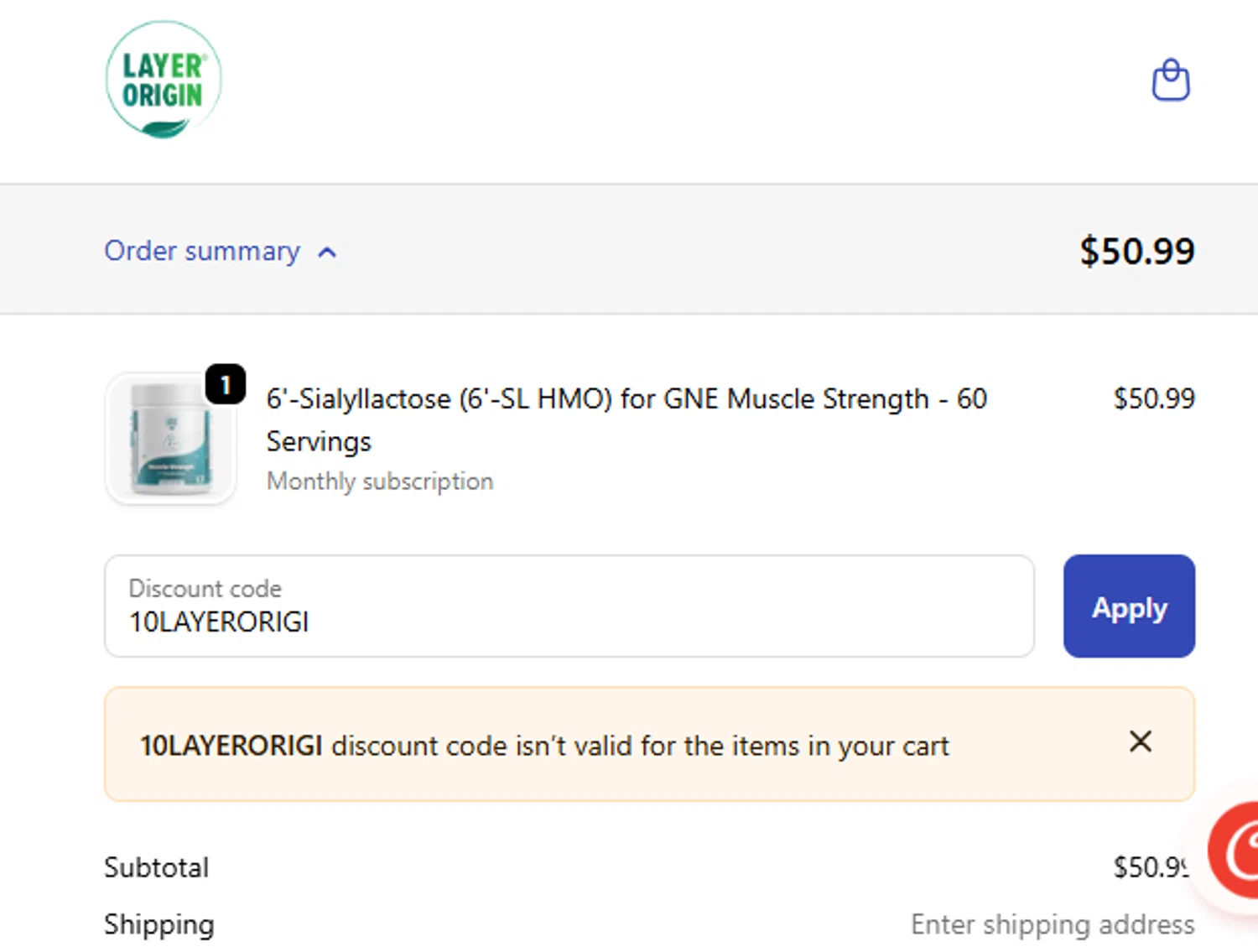 Layer Origin Nutrition promo code screenshot showing code 10LAYERORIGI applied at Layer Origin Nutrition checkout page. Uploaded by SimplyCodes community member gerardlaya on Oct 26, 2025