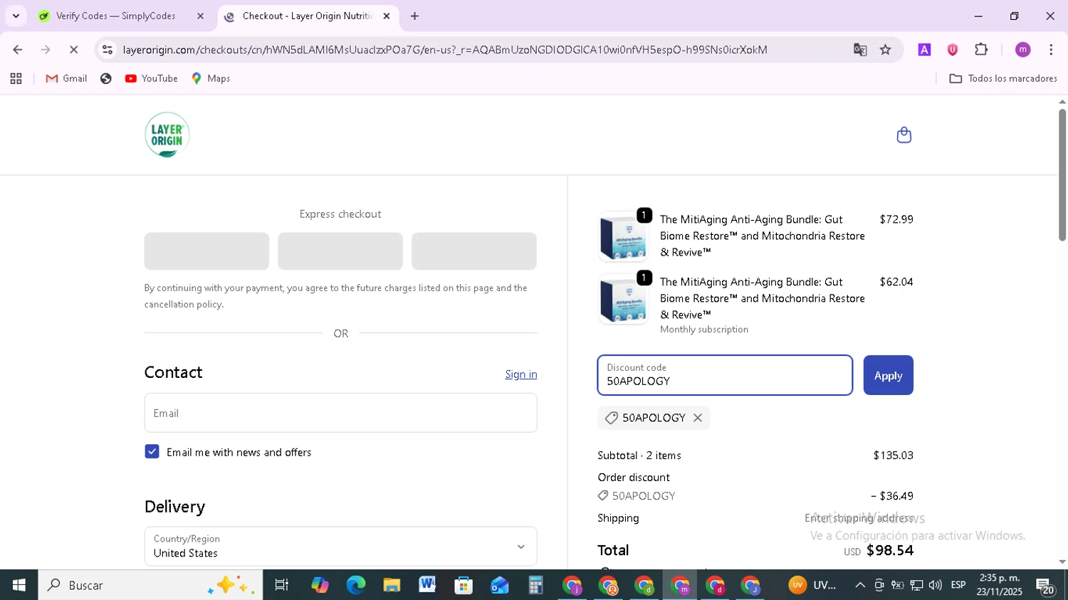 Layer Origin Nutrition promo code screenshot showing code 50APOLOGY applied at Layer Origin Nutrition checkout page. Uploaded by SimplyCodes community member BudgetMonarch8952 on Nov 23, 2025