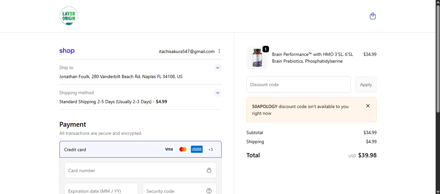 Layer Origin Nutrition promo code screenshot showing code 50APOLOGY applied at Layer Origin Nutrition checkout page. Uploaded by SimplyCodes community member noworries on Dec 22, 2025