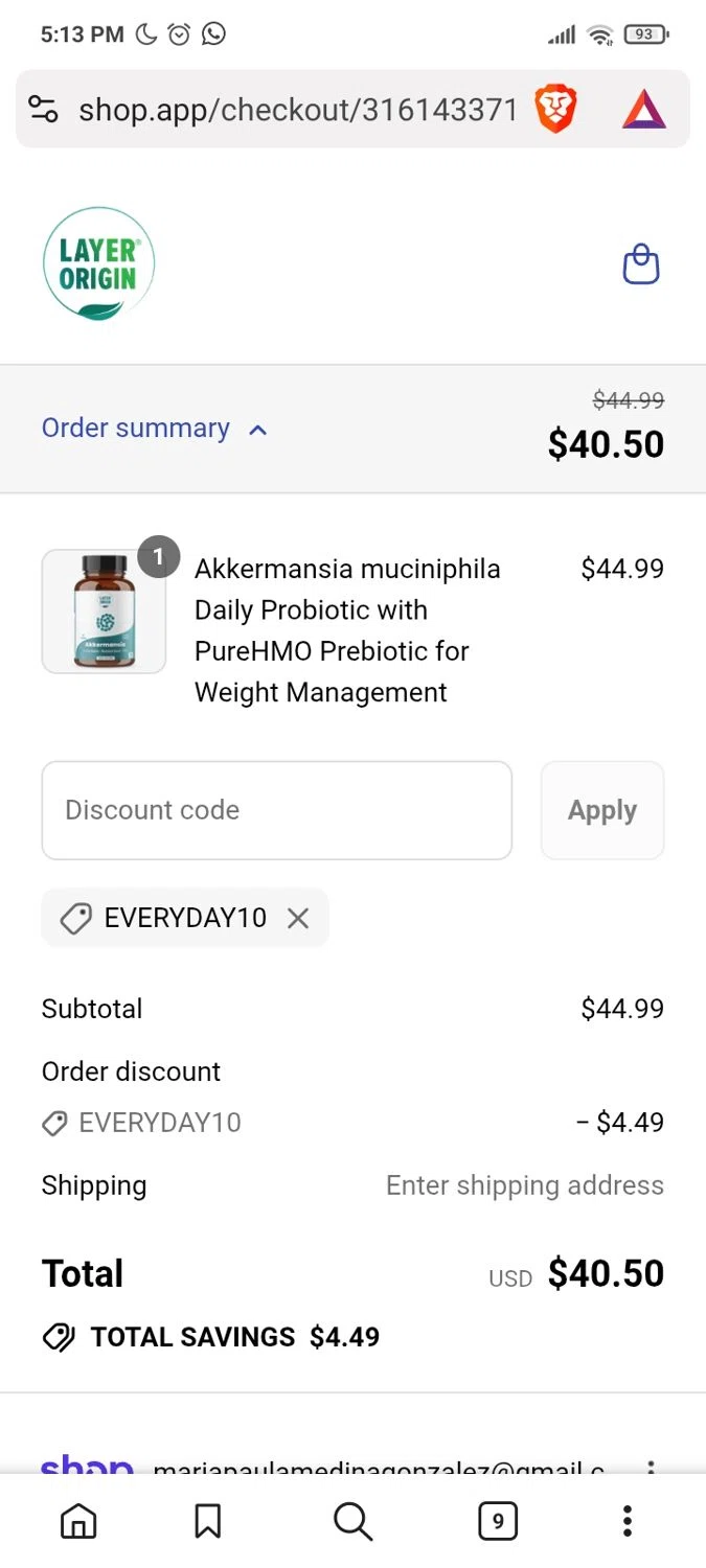 Layer Origin Nutrition promo code screenshot showing code Everyday10 applied at Layer Origin Nutrition checkout page. Uploaded by SimplyCodes community member Yarialmys2020 on Sep 15, 2025