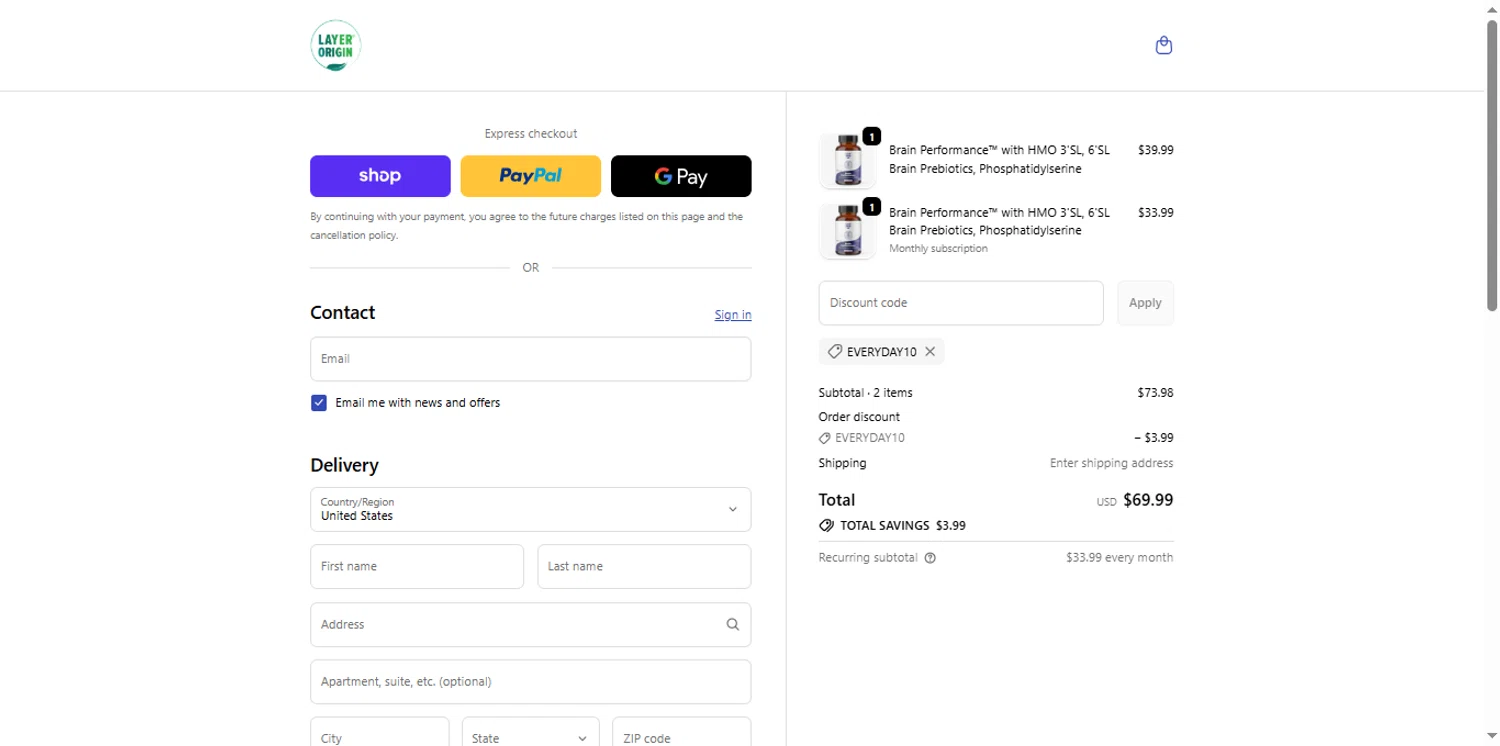 Layer Origin Nutrition promo code screenshot showing code Everyday10 applied at Layer Origin Nutrition checkout page. Uploaded by SimplyCodes community member renegul on Nov 13, 2025
