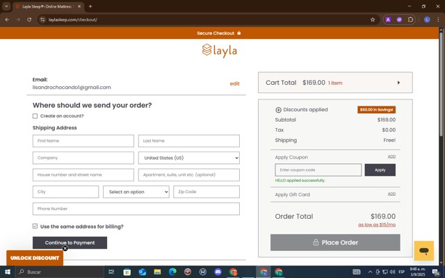 Layla Sleep checkout page showing Layla Sleep coupon code box | Screenshot taken by SimplyCodes community member on Sep 3, 2025