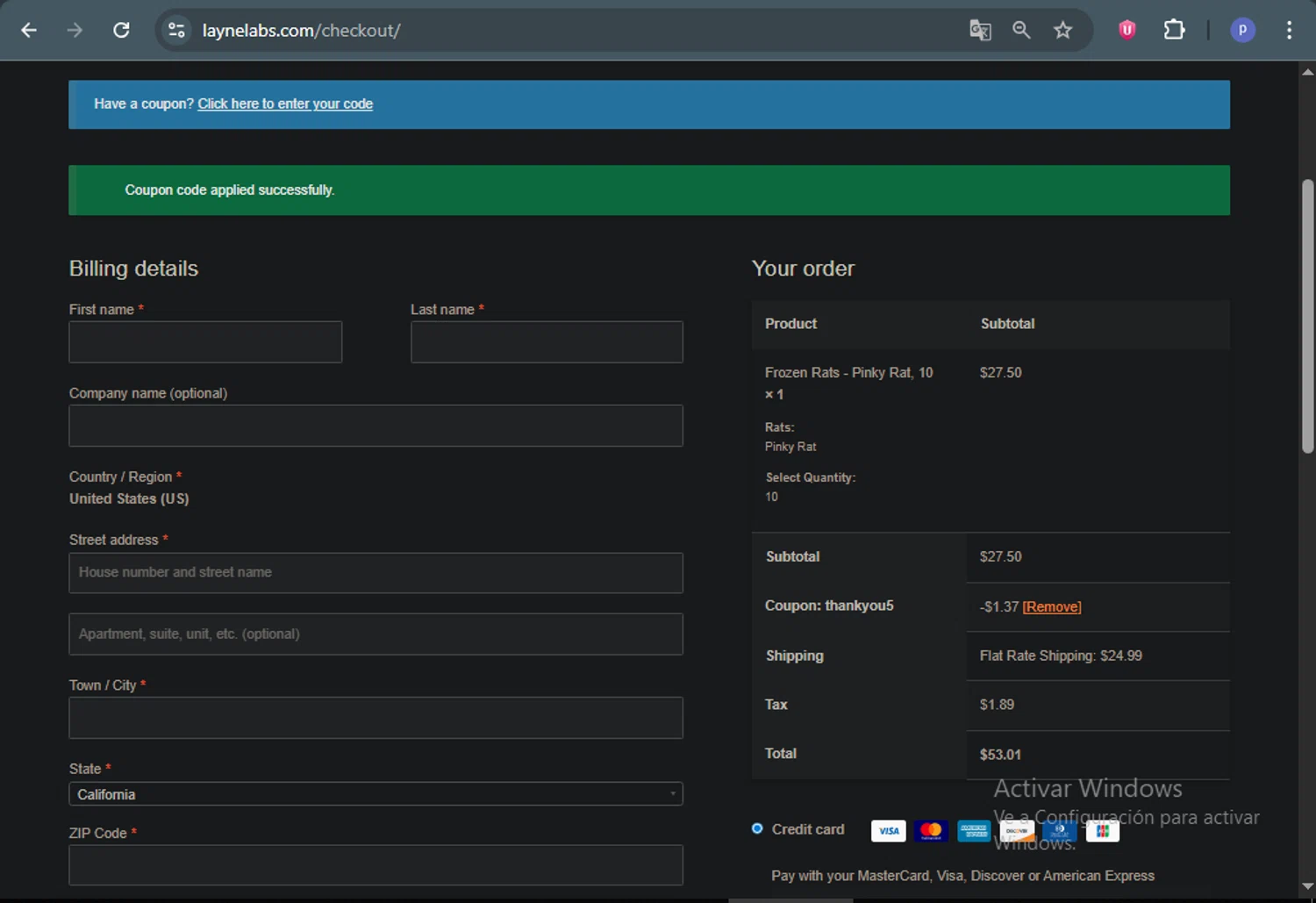 Layne Labs coupon code screenshot showing code thankyou5 applied at Layne Labs checkout page. Uploaded by SimplyCodes community member DealAce9542 on Jun 29, 2025