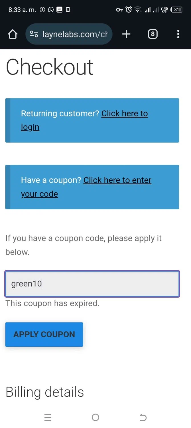 Layne Labs coupon code screenshot showing code green10 applied at Layne Labs checkout page. Uploaded by SimplyCodes community member Sashayprincesa on Jan 8, 2025