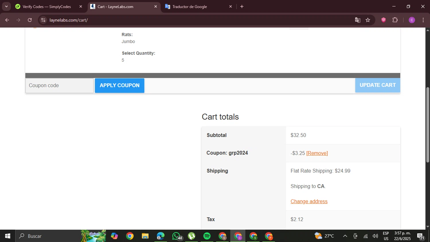Layne Labs checkout page showing Layne Labs coupon code box | Screenshot taken by SimplyCodes community member on Jun 22, 2025