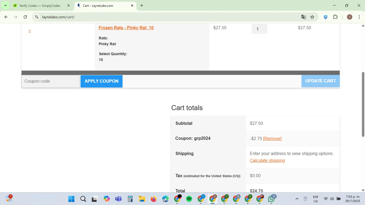 Layne Labs coupon code screenshot showing code grp2024 applied at Layne Labs checkout page. Uploaded by SimplyCodes community member NobleExpert6497 on Jul 29, 2025