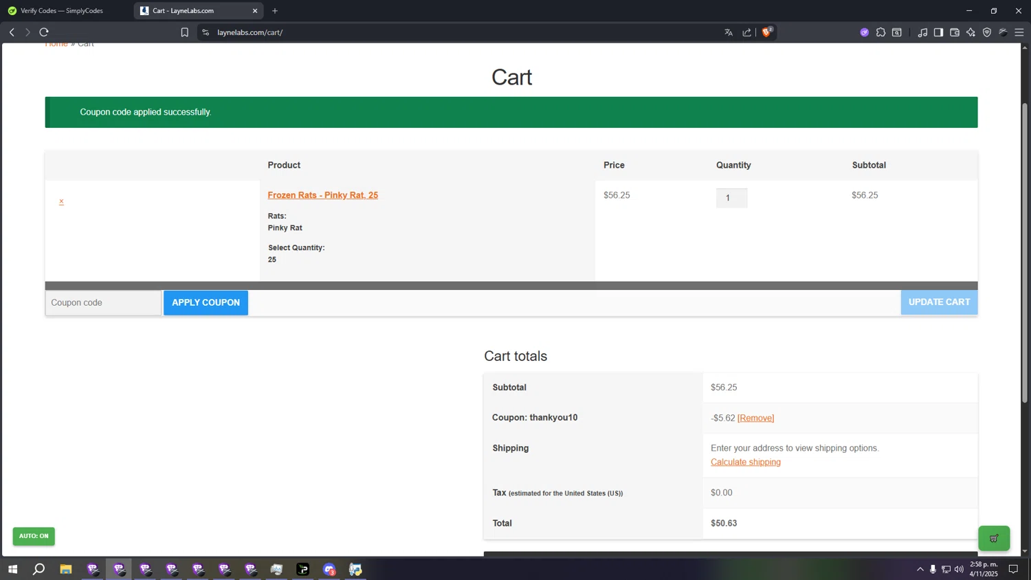 Layne Labs coupon code screenshot showing code THANKYOU10 applied at Layne Labs checkout page. Uploaded by SimplyCodes community member aaaaaaaaaaaaaaaa on Nov 4, 2025