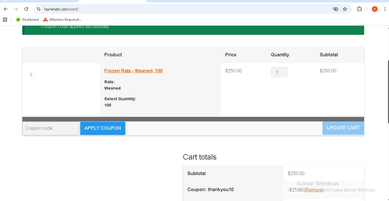 Layne Labs coupon code screenshot showing code THANKYOU10 applied at Layne Labs checkout page. Uploaded by SimplyCodes community member rodolfocaraballo on Aug 20, 2025
