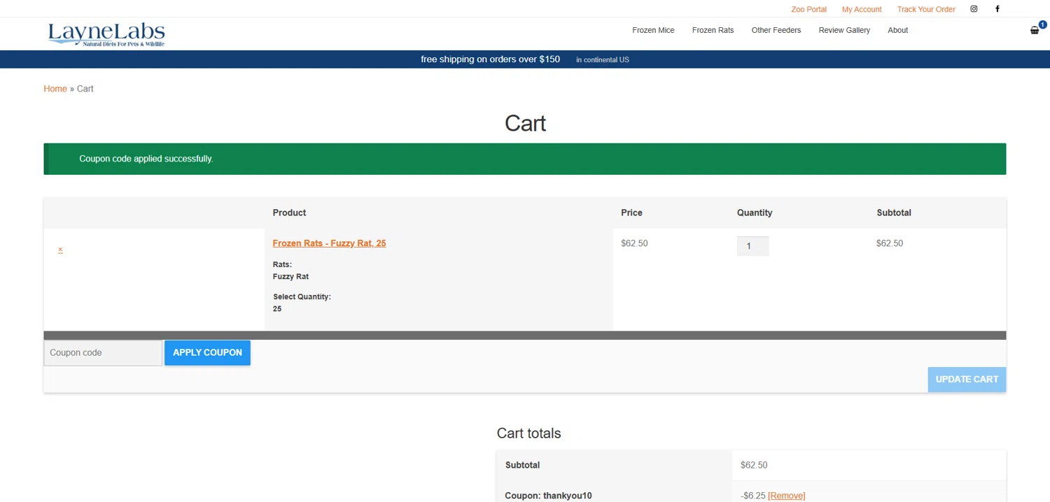 Layne Labs coupon code screenshot showing code THANKYOU10 applied at Layne Labs checkout page. Uploaded by SimplyCodes community member Dorothy on Aug 20, 2025