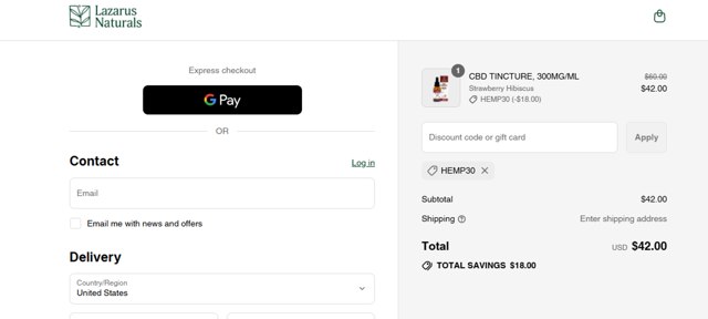 Lazarus Naturals checkout page showing Lazarus Naturals discount code box | Screenshot taken by SimplyCodes community member on Sep 3, 2025