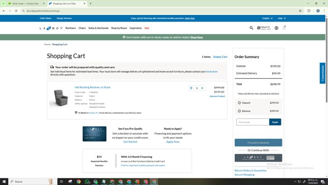 La Z Boy checkout page showing La Z Boy promo code box | Screenshot taken by SimplyCodes community member on Mar 16, 2025