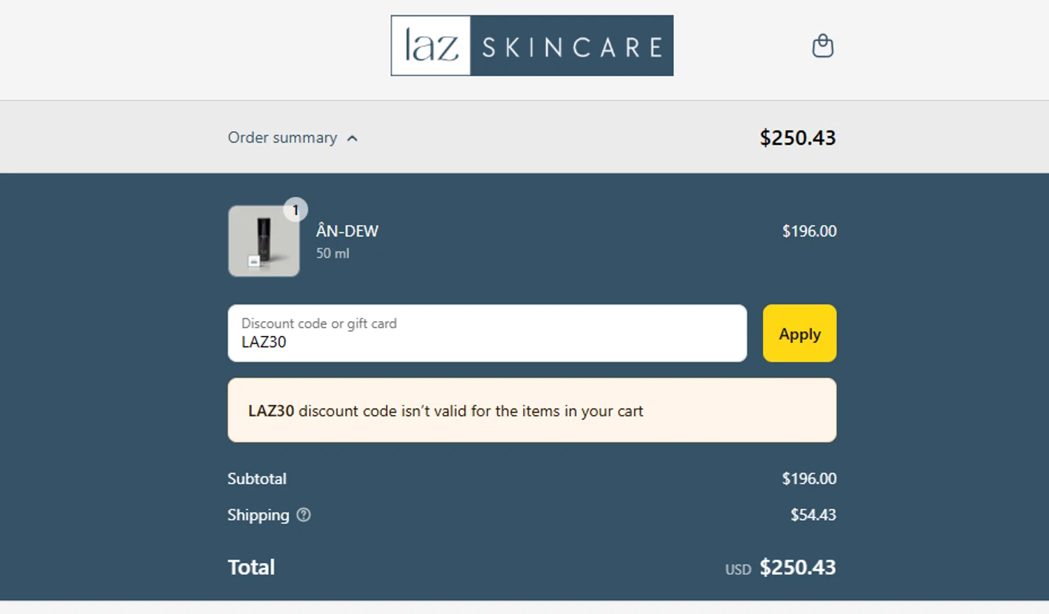 LAZ Skincare discount code screenshot showing code LAZ30 applied at LAZ Skincare checkout page. Uploaded by SimplyCodes community member ashe1986 on Sep 3, 2025