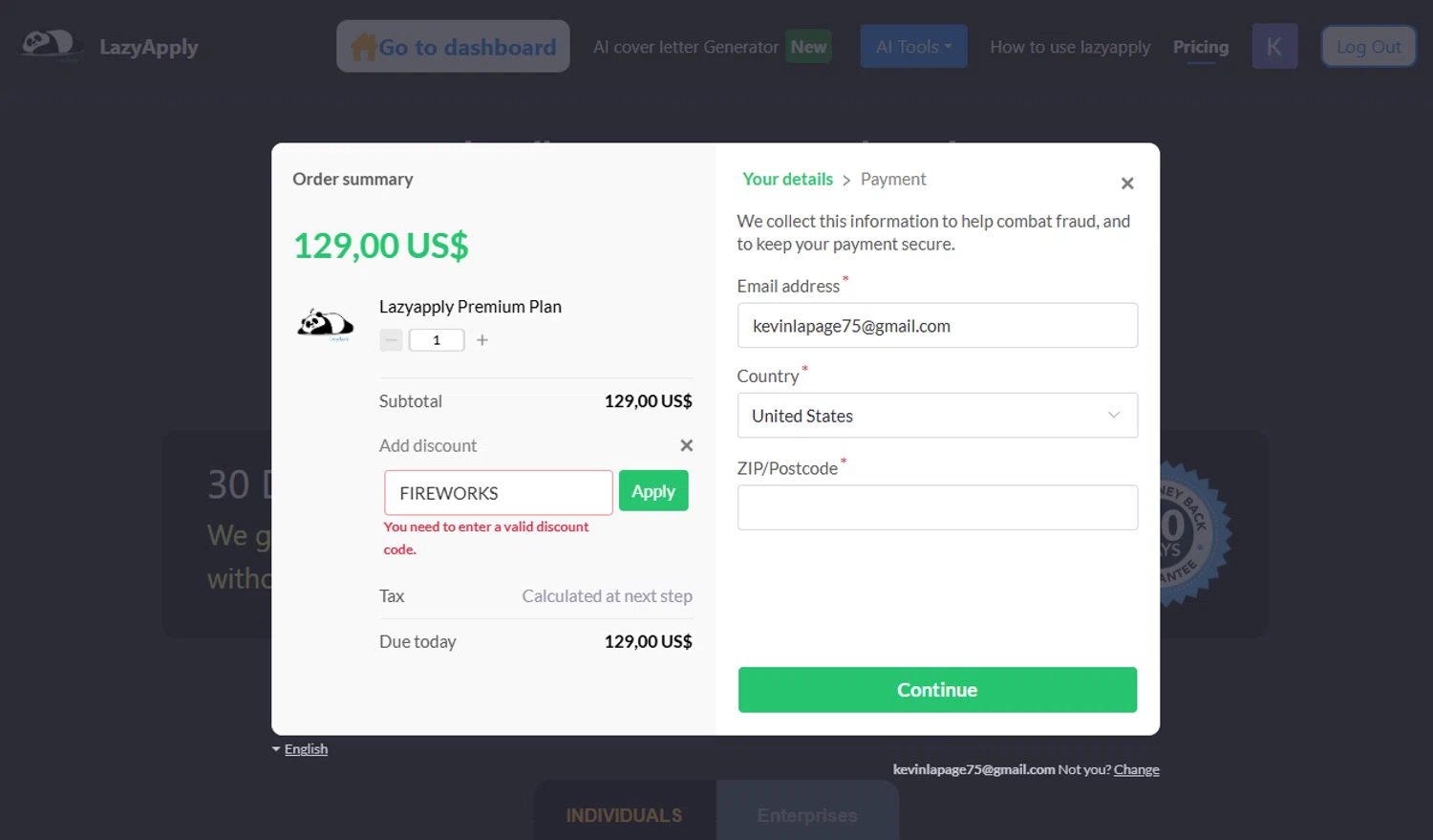 LazyApply coupon code screenshot showing code FIREWORKS applied at LazyApply checkout page. Uploaded by SimplyCodes community member CashTracker4266 on Feb 4, 2025