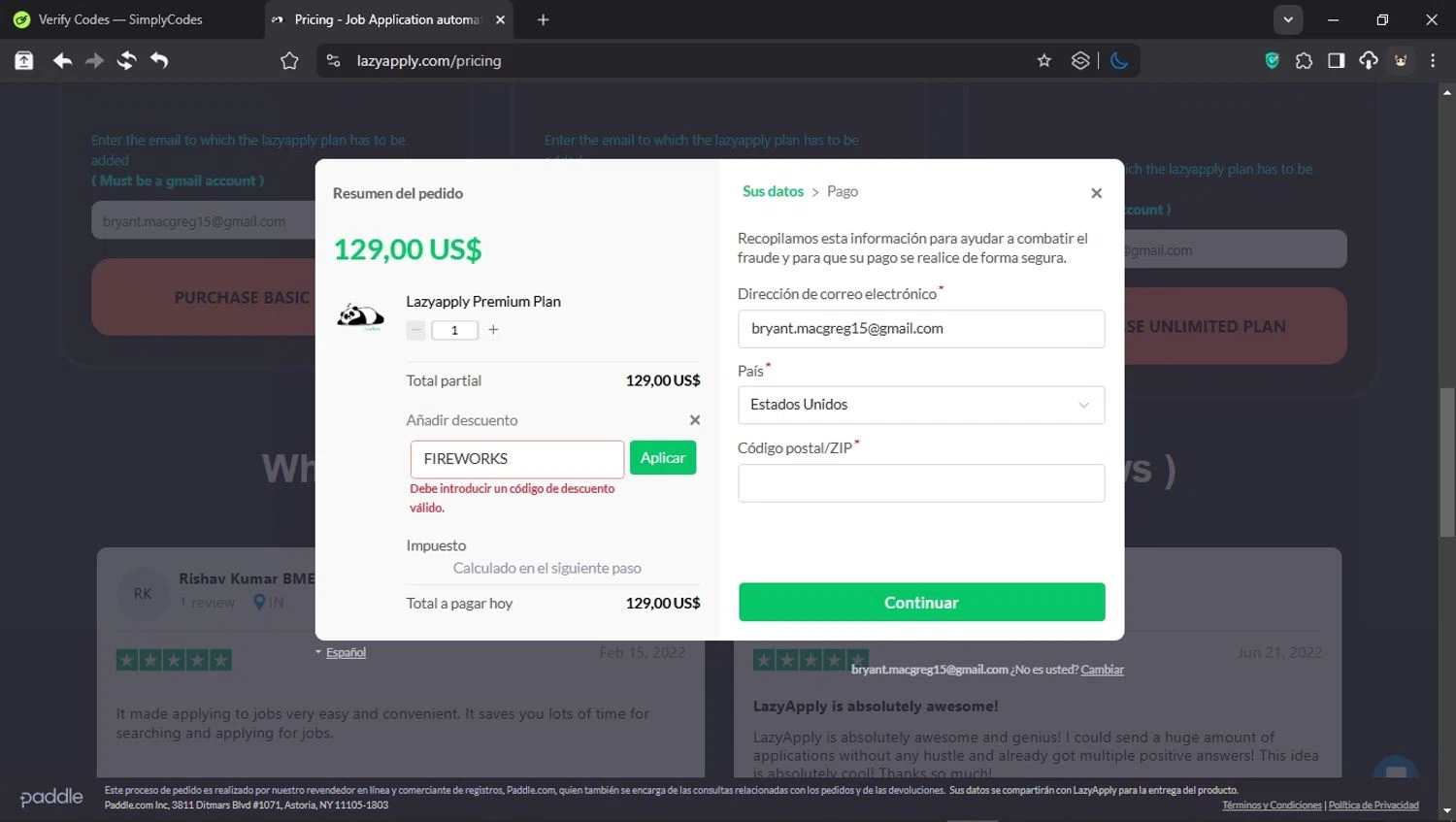 LazyApply coupon code screenshot showing code FIREWORKS applied at LazyApply checkout page. Uploaded by SimplyCodes community member BudgetCollector3125 on Mar 14, 2025