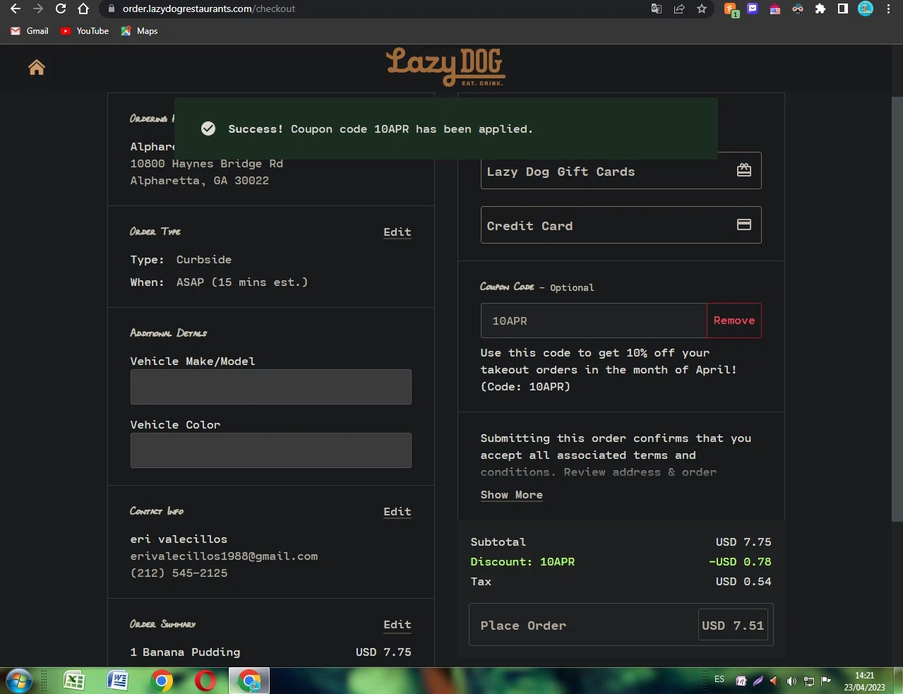 Lazy Dog Restaurant & Bar checkout page showing Lazy Dog Restaurant & Bar promo code box | Screenshot taken by SimplyCodes community member on Apr 23, 2023