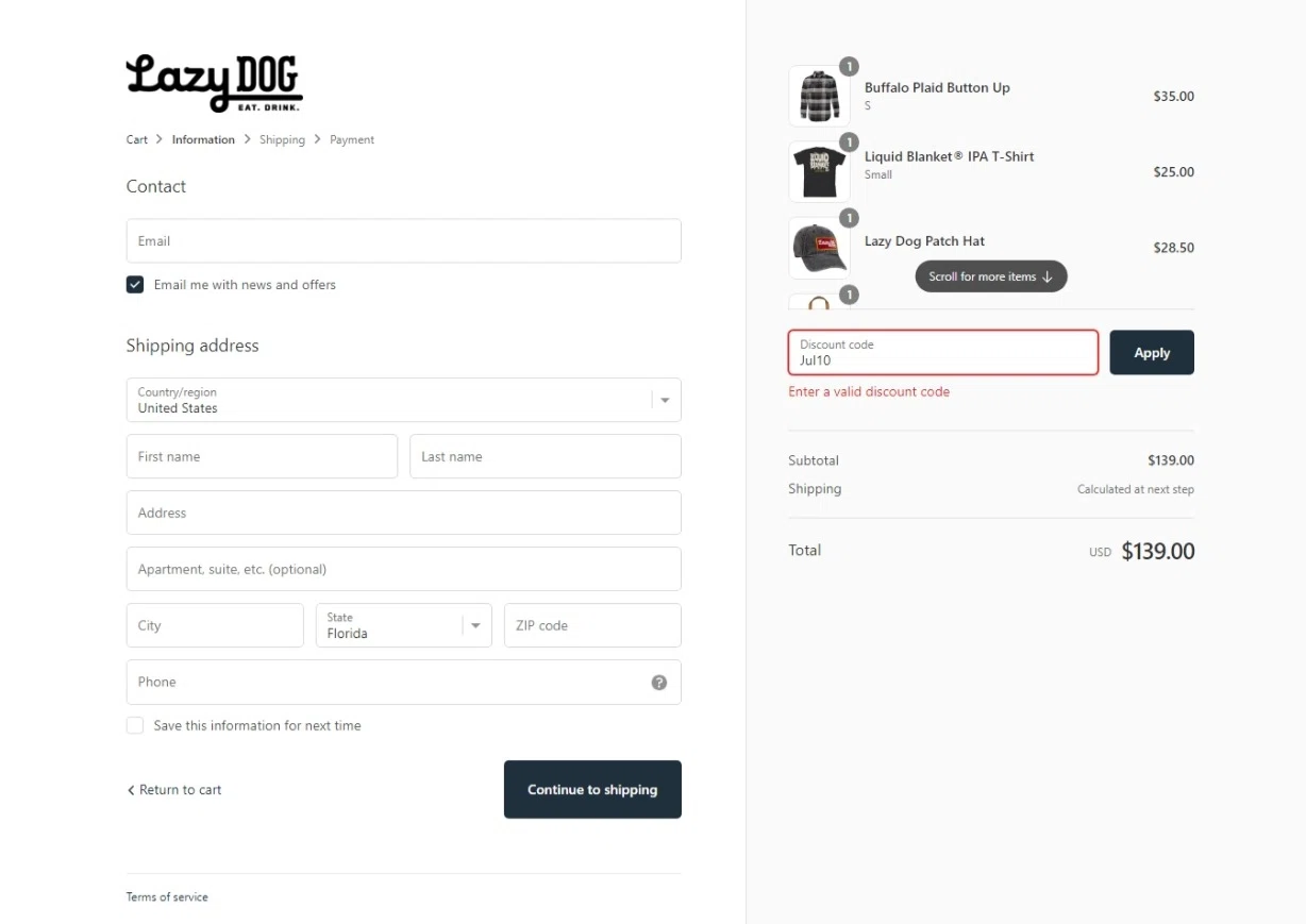 Lazy Dog Restaurant & Bar checkout page showing Lazy Dog Restaurant & Bar promo code box | Screenshot taken by SimplyCodes community member on Aug 13, 2023