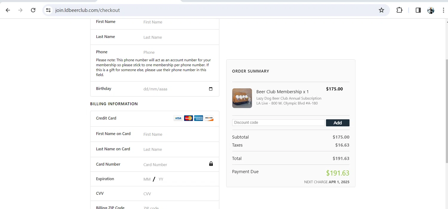 Lazy Dog Restaurant & Bar checkout page showing Lazy Dog Restaurant & Bar promo code box | Screenshot taken by SimplyCodes community member on Jan 21, 2024