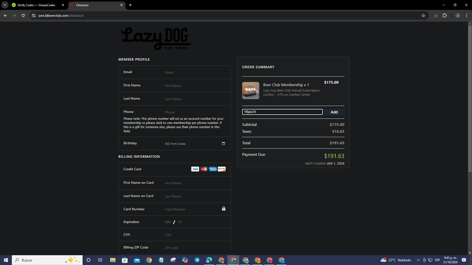 Lazy Dog Restaurant & Bar checkout page showing Lazy Dog Restaurant & Bar promo code box | Screenshot taken by SimplyCodes community member on Nov 1, 2024