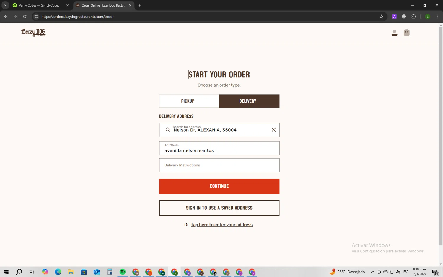 Lazy Dog Restaurant & Bar promo code screenshot showing code 10jan24 applied at Lazy Dog Restaurant & Bar checkout page. Uploaded by SimplyCodes community member GoldSentinel5133 on Jan 7, 2025