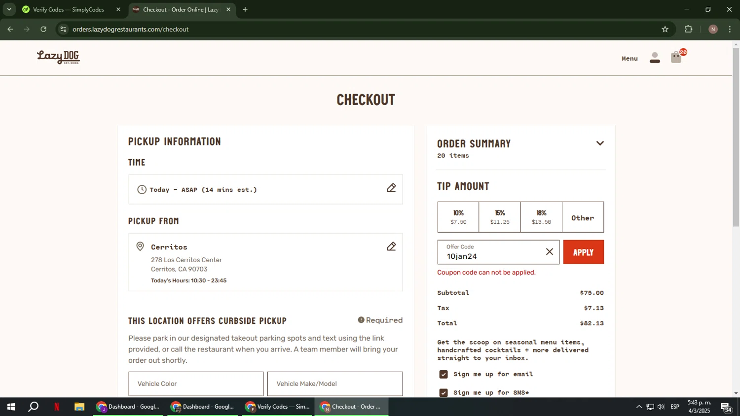 Lazy Dog Restaurant & Bar promo code screenshot showing code 10jan24 applied at Lazy Dog Restaurant & Bar checkout page. Uploaded by SimplyCodes community member DiscountPioneer2554 on Mar 4, 2025