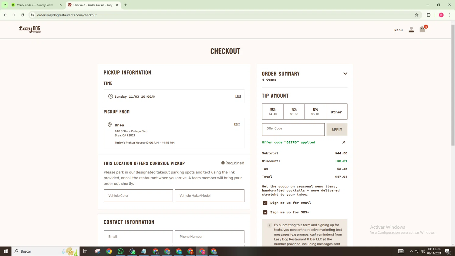 Lazy Dog Restaurant & Bar checkout page showing Lazy Dog Restaurant & Bar promo code box | Screenshot taken by SimplyCodes community member on Nov 3, 2024