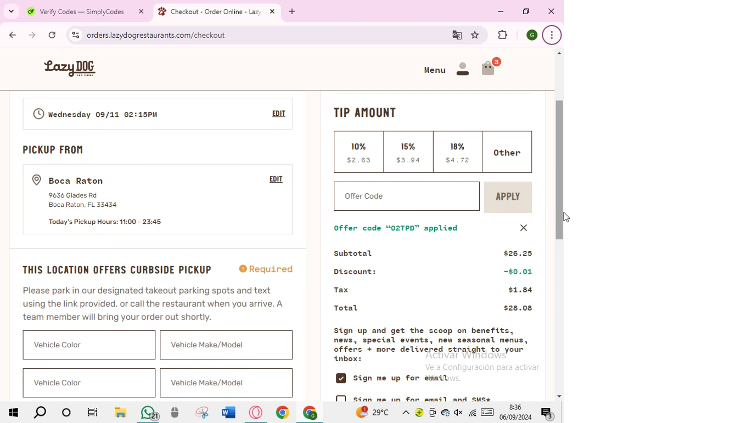 Lazy Dog Restaurant & Bar checkout page showing Lazy Dog Restaurant & Bar promo code box | Screenshot taken by SimplyCodes community member on Sep 6, 2024