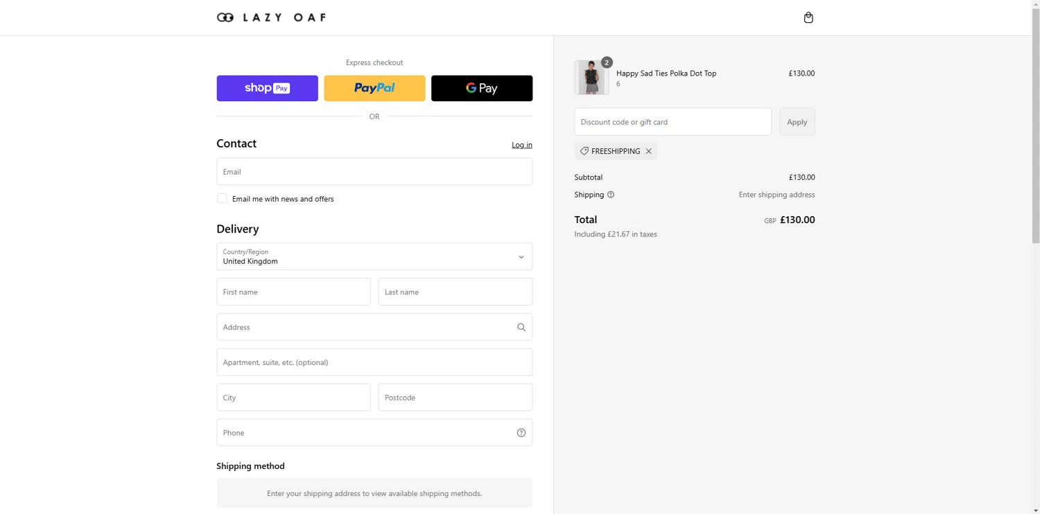 Lazy Oaf discount code screenshot showing code FREESHIPPING applied at Lazy Oaf checkout page. Uploaded by SimplyCodes community member STEVE20 on Feb 24, 2025