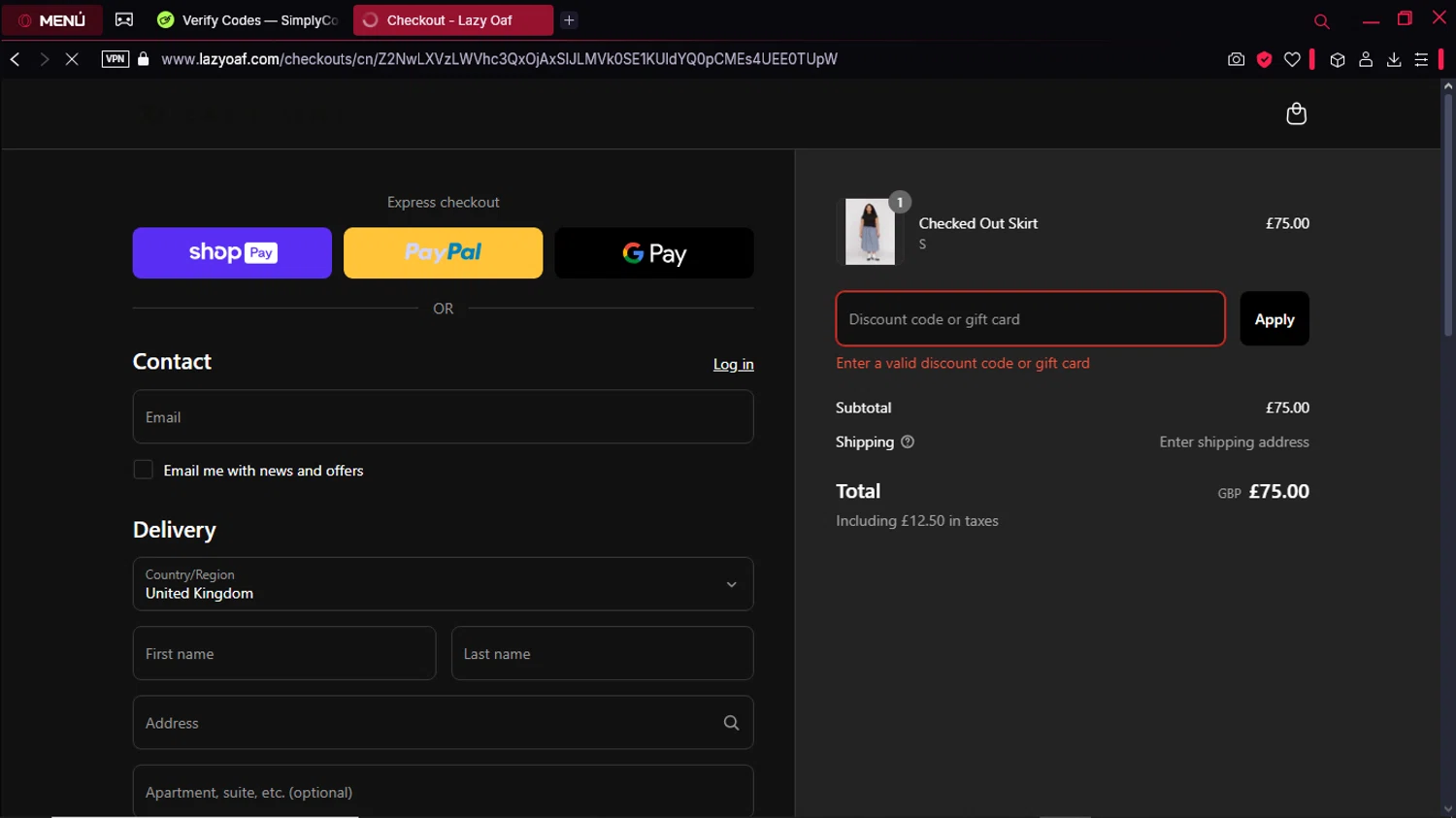 Lazy Oaf discount code screenshot showing code TAKE25 applied at Lazy Oaf checkout page. Uploaded by SimplyCodes community member CorrectorDeCupones on Apr 11, 2025