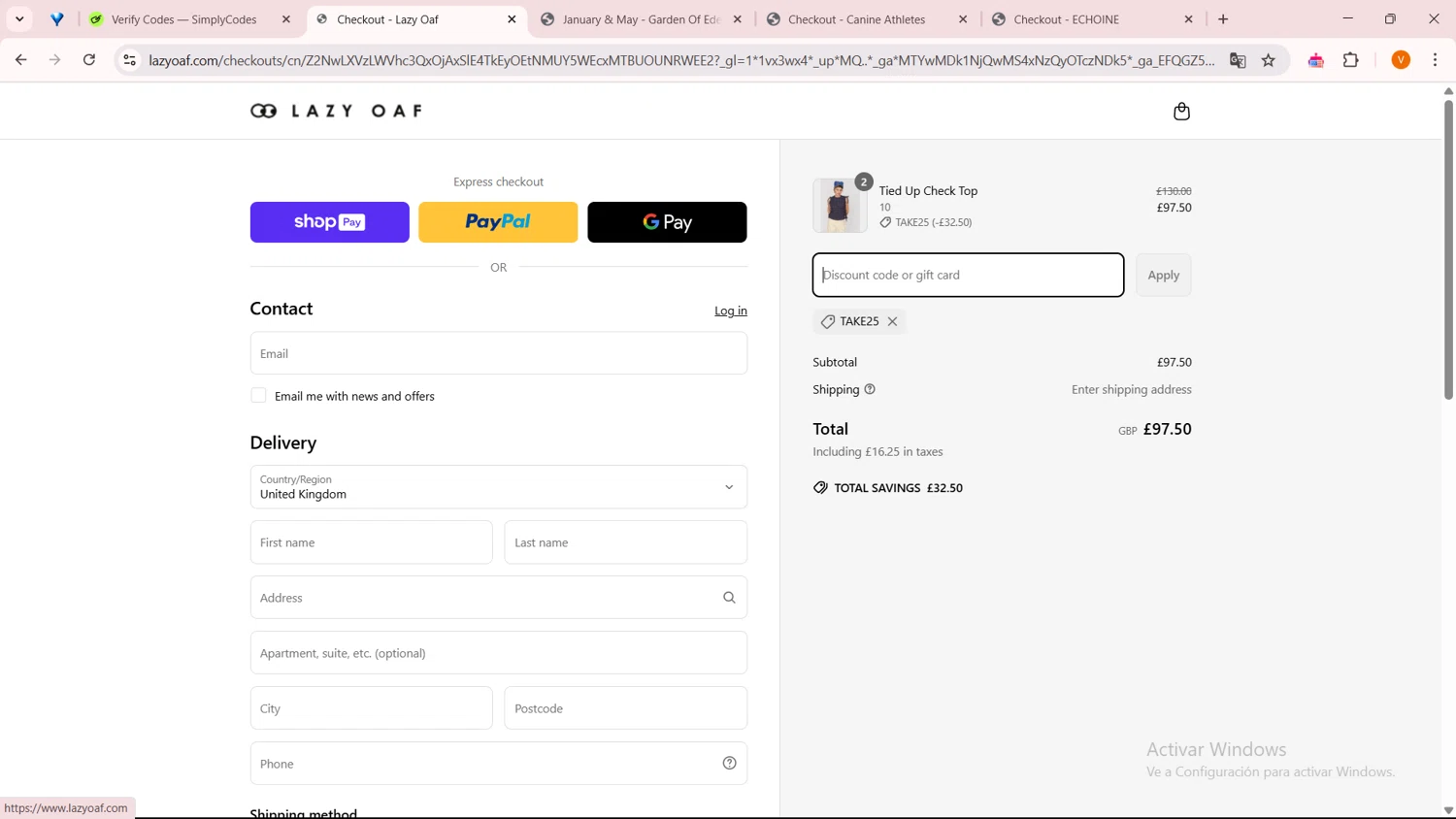Lazy Oaf discount code screenshot showing code TAKE25 applied at Lazy Oaf checkout page. Uploaded by SimplyCodes community member ExtraordinarySaver9637 on Mar 26, 2025