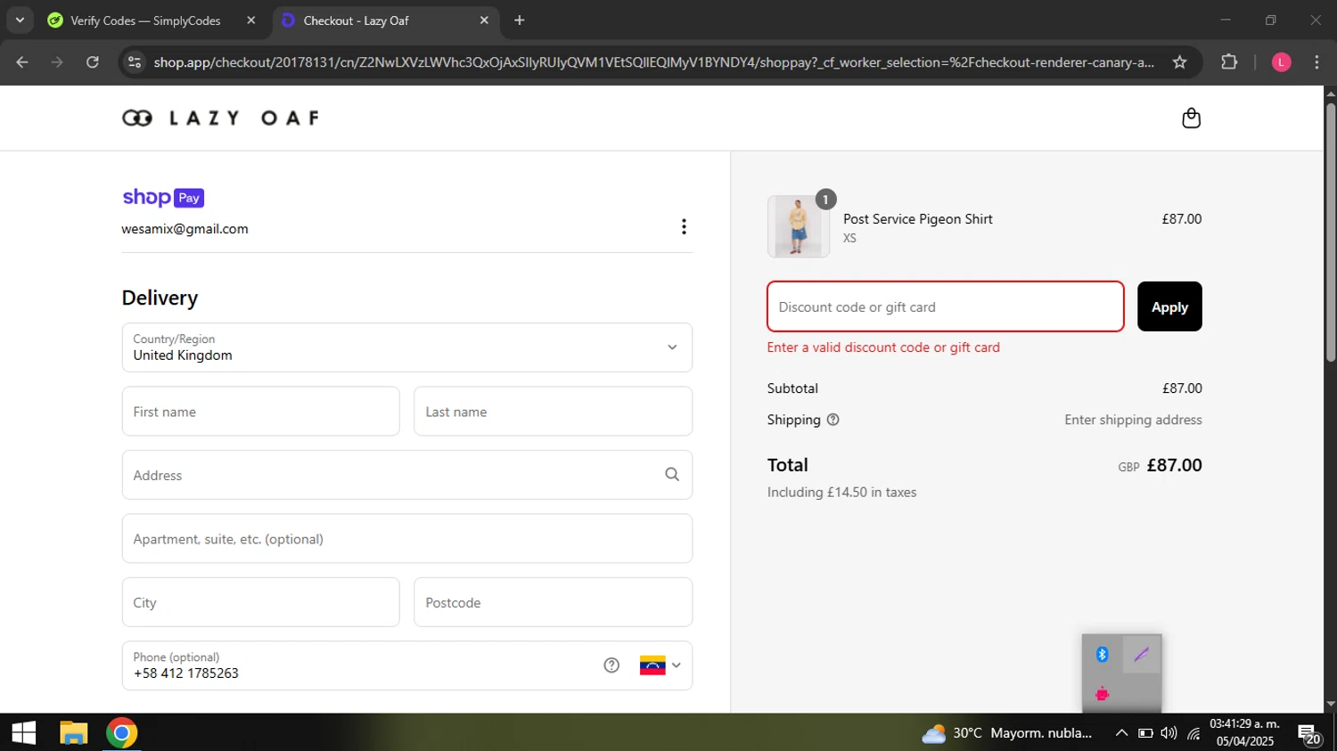 Lazy Oaf discount code screenshot showing code TAKE25 applied at Lazy Oaf checkout page. Uploaded by SimplyCodes community member coder_916642691 on Apr 5, 2025