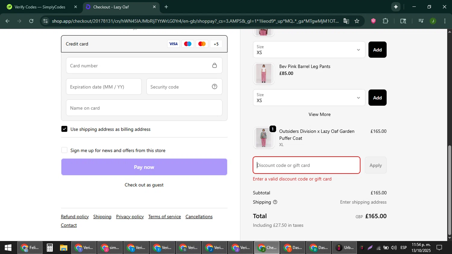 Lazy Oaf discount code screenshot showing code SPENDSAVE applied at Lazy Oaf checkout page. Uploaded by SimplyCodes community member ShieldFinder369 on Oct 14, 2025