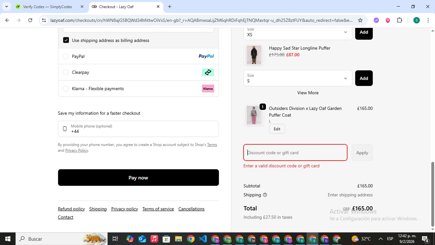 Lazy Oaf discount code screenshot showing code SPENDSAVE applied at Lazy Oaf checkout page. Uploaded by SimplyCodes community member VictoriousPilot5281 on Feb 9, 2026