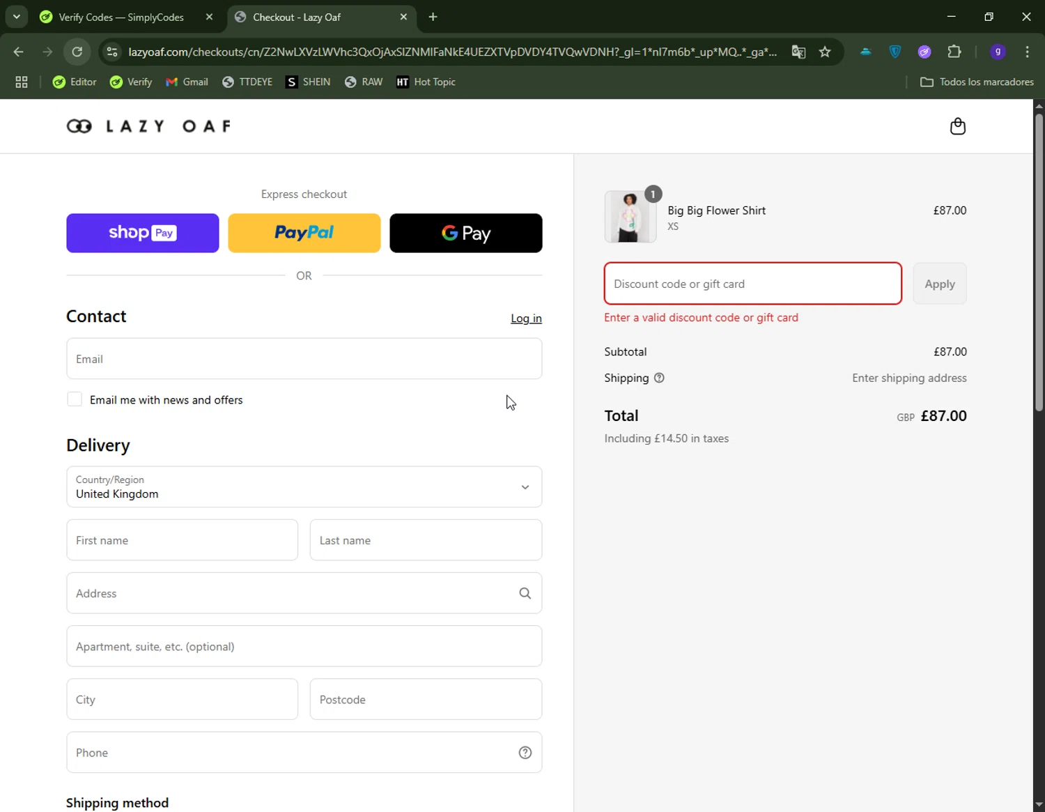 Lazy Oaf discount code screenshot showing code 10%OFF applied at Lazy Oaf checkout page. Uploaded by SimplyCodes community member CapitanCentella on May 19, 2025