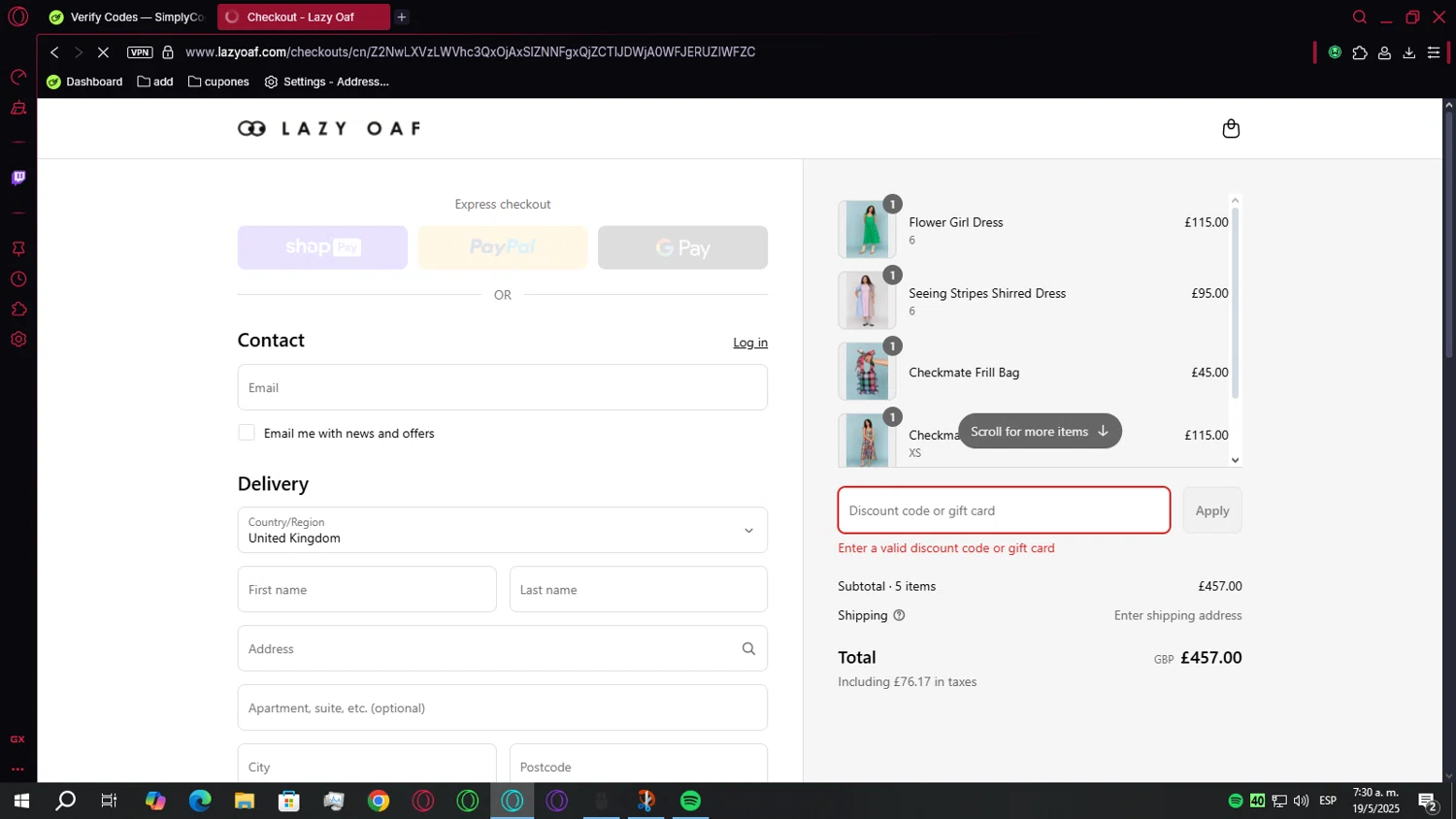 Lazy Oaf discount code screenshot showing code 10%OFF applied at Lazy Oaf checkout page. Uploaded by SimplyCodes community member Mortek on May 19, 2025