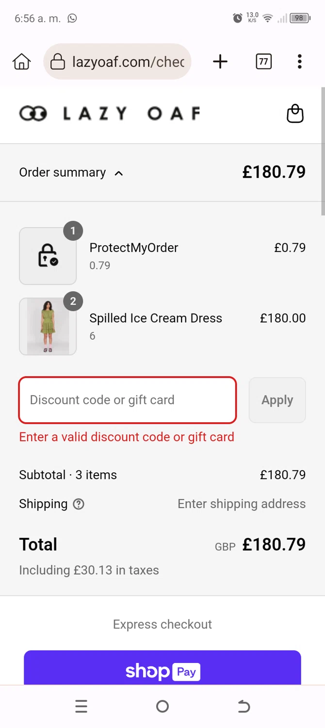 Lazy Oaf discount code screenshot showing code 10%OFF applied at Lazy Oaf checkout page. Uploaded by SimplyCodes community member BonusChaser4306 on May 19, 2025