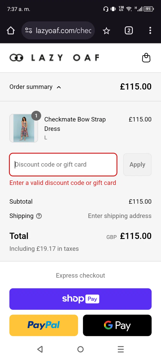 Lazy Oaf discount code screenshot showing code 20%OFF applied at Lazy Oaf checkout page. Uploaded by SimplyCodes community member NobleScholar4826 on May 11, 2025