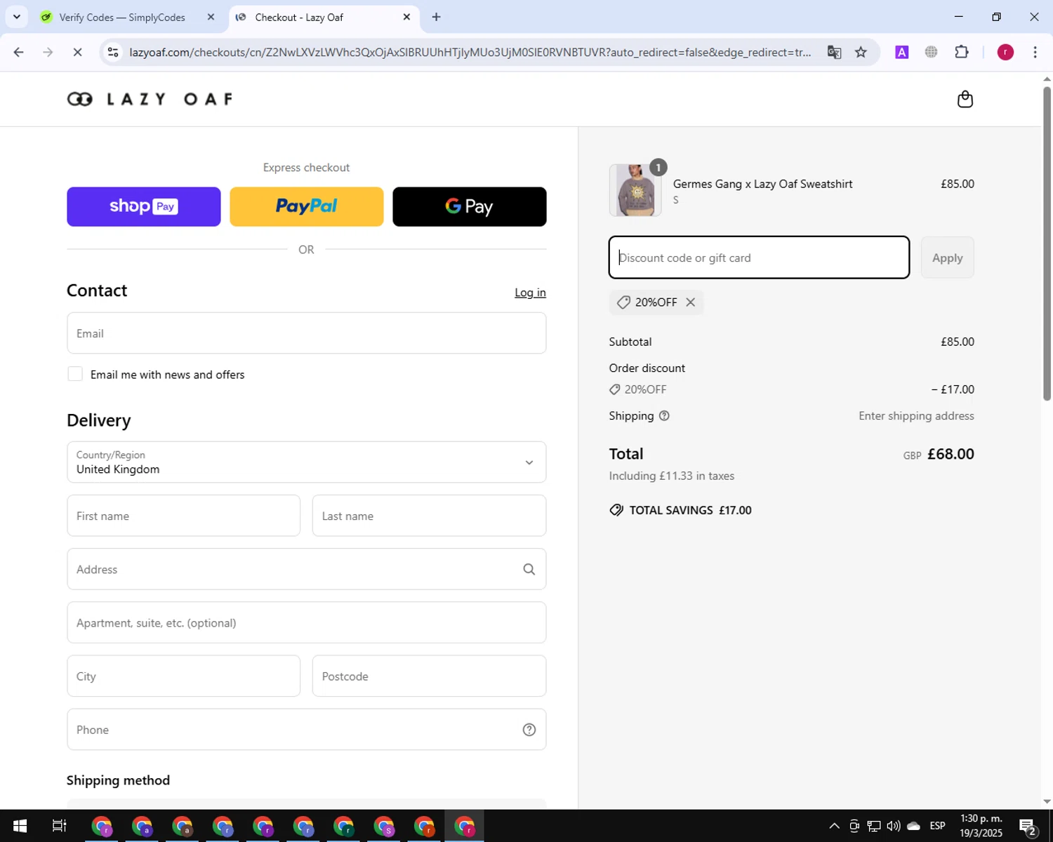 Lazy Oaf discount code screenshot showing code 20%OFF applied at Lazy Oaf checkout page. Uploaded by SimplyCodes community member TreasureExpert7530 on Mar 19, 2025
